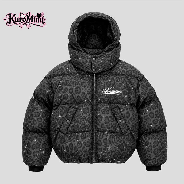 Winter Warm Leopard Print Diamond Puffer Parkas Women's Hip Hop Hooded Zip Up Oversized Padded Coat Streetwear Vintage Jackets