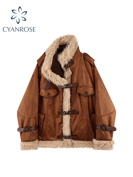 Women Brown Leather Jacket Coat Vintage 90s Motorcycle Jacket Streetwear Korean Vintage Oversize Outerwear 2000s Clothes