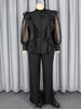 Elegant Two Pieces Set Half High Neck Bow Puff Sheer Sleeve Beading RufflesTops Wide Leg Pants Office Lady Party Outfits