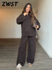 Brown V-Neck Knit Shirt Pants Set Women Solid Long Sleeve Top Empire Straight Loose Trousers Lady Spring Suit