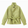 Solid Tie Waist Cinching Suede Jackets Women Chic Stand Up Collar Loose Crop Short Coats Lady Autumn Commute Daily Outfit