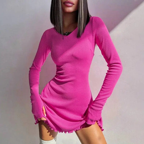 Spring Elegant Pretty Women Dresses Black Sexy Short Dress Female V Neck Long Sleeve Slim Solid Color Mini Dress