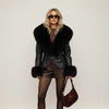 Black Fur Collar Leather Jacket Women Chic Solid Full Sleeves Waist Cinching V-neck Short Coat Lady High Street Outerwear