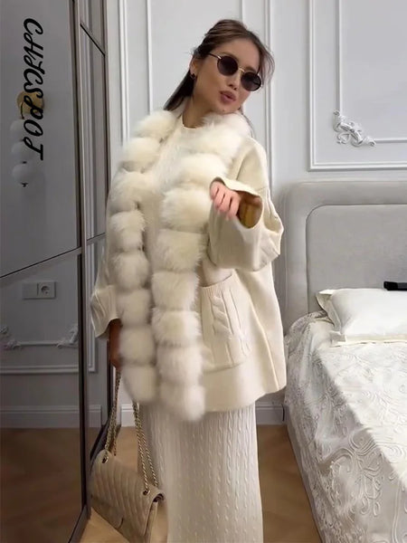 Faux Fur PatchworkTwisted Knitted Cardigan Women Elegant Lapel Long Sleeve Pockets Furry Knitwear Autumn Female Loose Outerwears