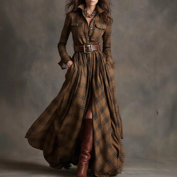 Autumn Grid Printed Long Sleeve Shirts Dress Casual Wear Robe Dress Elegant Ladies Loose Pleated Vintage Commute Dresses