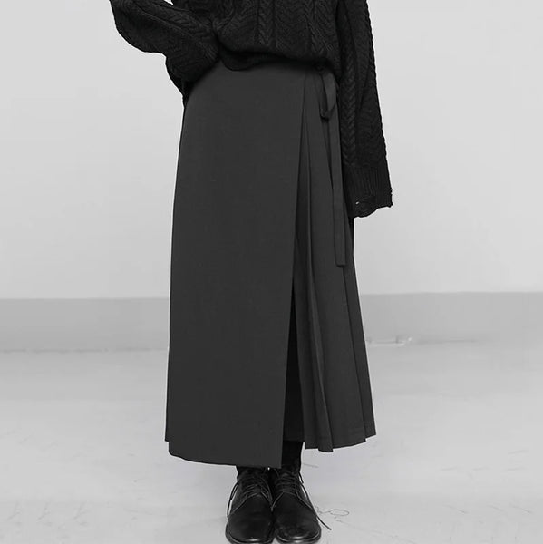 Autumn Irregular False Two-piece Skirt Pants Women Black Wide-leg Pant Ladies Elastic Waist Straps Casual Pants Lady