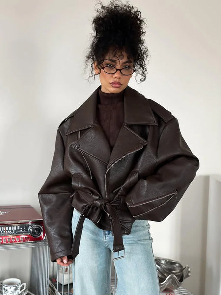 Casual Black Leather Lace Up Short Jacket Women Long Sleeve Zipper Lapel Loose Button Coat Lady Daily High Street Outerwear
