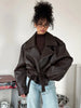 Casual Black Leather Lace Up Short Jacket Women Long Sleeve Zipper Lapel Loose Button Coat Lady Daily High Street Outerwear