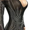 Women Long Sleeve V-neck Rhinestones Slit Back Crystal Bodycon Maxi Dress Sexy Club Party Pencil Evening Long Dress