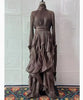 Early Autumn Turtleneck Lantern Sleeves Shinny Ruffles Pullover Floor Length Vacation Dress High Waist Female Vestido