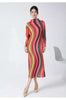 High Collar Long Sleeve Women Dresses Contrast Color Striped Pleated Slim Mid-Calf Elegant Clothing 2DC1022
