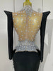 Sparkly Diamonds Pearl Black Sexy See Through Mesh Long Dress Women Wedding Evening Birthday Party Stage Photoshoot Dress