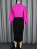 Women Elegant Church Dresses Mock Neck Long Lantern Sleeves Buttom Up ColorBlock Package Hip Party Office Ladies Business Wear