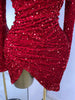 Special Occassion Dress Women Red Sparkly Sequines Long Sleeve Turtleneck Drapped Asymmetric Bodycon Mini Birthday Evening Dress