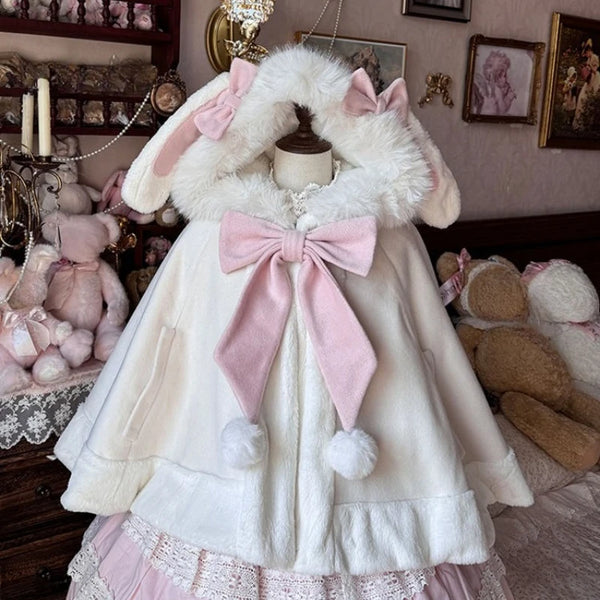 Japanese Lolita Faux Fur Patchwork Hooed Coat Y2k Aesthetic Cloak Jacket Women Kawaii Sweet Bow Jackets Oversized JK Capes