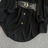 Spring Office Lady Shirt Dress Women Long Lantern Sleeve Sashes Waist Robe Femme Single Breasted Short Dresses