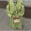 Green Belted Waist Long Coat For Women Elegant Lapel Long Sleeve Casual Jacket Lady Spring Chic Street Outerwear