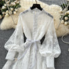 Women Elegant Floral Emboridery Dress Hollow Out Long Sleeve Single Breasted Belt French Court Chic Short A Line Dress