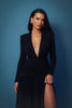 Women Glitter Maxi Evening Dress Deep V Neck Long Sleeve Ruched High Slit Formal Party Dress For Wedding Guest Prom