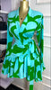 Women Tie Dye Print Flare Long Sleeve V-neck Sashes Ruffle Mini Dress Elegant Sexy Vacation Party Birthday Dresses