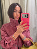 Women Stand Collar Leather Pilot Jacket Red Zipper Cropped Coat Casual Outerwear Streetwear