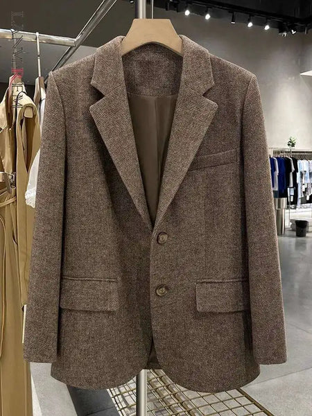 Retro Woolen Suit Jacket Women Long Sleeves Singel Breasted Brown Color Pocket Chic Blazers Office Lady Clothing 2DB2124