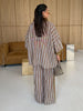 Striped Print Shirt Pants Set Turn Down Collar Three Quarter Sleeve Blouses Wide Leg Trousers Suit Casual Chic Women Outfit