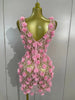Women Evening Party Club Birthday Dress Pink Pearl Flower Mesh Sexy See Through Mini Dress Nightclub Photoshoot Stage Costumes