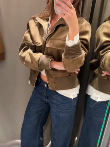 Women's Cropped Bomber Jacket Stand Collar Zipper Patch Pocket Rib Trim Long Sleeve Short Coat Vintage Autumn Casual Outfit