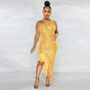 Women Tassel Side Sequins One Shoulder Skew Neck Bodycon Midi Maix Irregular High Low Long Dress Sexy Night Party