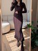 Brown Knitted Dresses For Women Maxi Elegant Trumpet Sleeves Knit Fishtail Dresses Women Long Ruffled Dresses Maxi