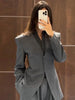 Elegant Grey V‑Neck Blazer Jacket Women Full Sleeve Waist Cinching Slim Office Suit Coats Autumn Chic Street Causal Outwear