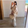 Striped Print Shirt Pants Set Turn Down Collar Three Quarter Sleeve Blouses Wide Leg Trousers Suit Casual Chic Women Outfit