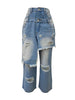 Women's Patchwork Asymmetric Jeans High Street Holes Wide Leg Vintage Casual Streetwear Denim Trousers