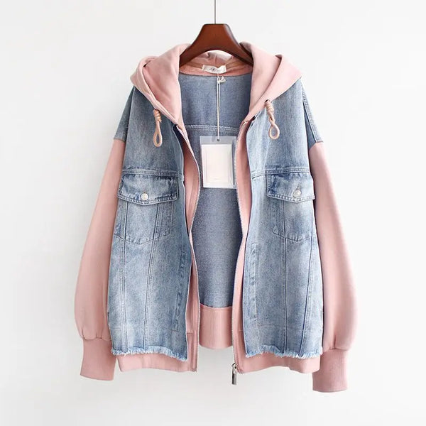 Spring Autumn Fake Two Piece Denim Jacket Women Loose Splicing Cardigan Hooded Baseball Coat Female Casual Ladies Tops