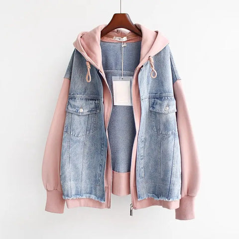 Spring Autumn Fake Two Piece Denim Jacket Women Loose Splicing Cardigan Hooded Baseball Coat Female Casual Ladies Tops