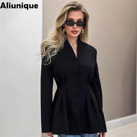 Solid Black Waist Tailored Blazer Women Thin V Neck Single Breasted Pocket Blazer for Office Work Streetwear