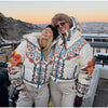 Printed Hooded Puffer Coat Suspender Ski Pants Zip‑Up Slim Fit Winter Women Snow Outfit Warm Lady Two‑Piece Ski Set