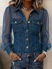 Casual Women's Denim Mesh Puff Sleeve Shirt Blue Jean Button Down Blouse with Pockets Sheer Sleeve Casual Vintage Blouse To