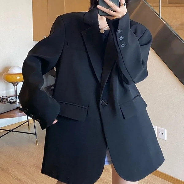 Casual Oversized Black Blazer for Women Korean Style Single Button Suit Jacket Woman Spring Autumn Loose Notched Collar Blazers