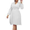 Elegant Dresses Woman V Neck Full Sleeve Pleated Mid Calf Belt Waisted African Female Birthday Party Dress