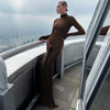 Turtleneck Long Sleeve Bodycon Dress Women Tight Elastic Lace-up Maxi Dresses Winter Evening Party Curvy Robe Red Brown