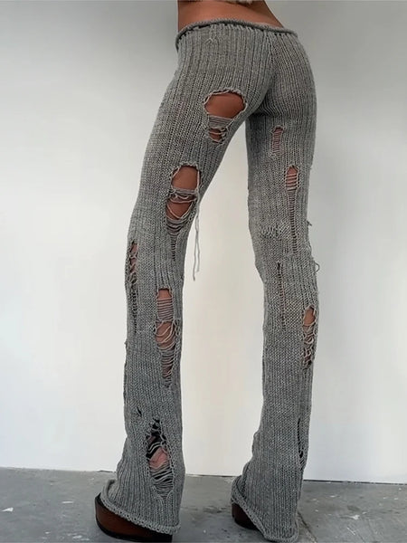 Knit Irregular Ripped Pants Women Autumn Sexy Hottie Wild Solid Hip-Hop Street Clubwear Skinny Bottom
