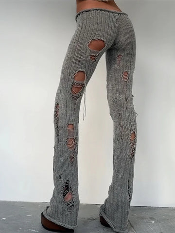 Knit Irregular Ripped Pants Women Autumn Sexy Hottie Wild Solid Hip-Hop Street Clubwear Skinny Bottom