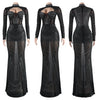Women Mesh See Though Diamonds Rhinestones Cutout Front Long Sleeve Sexy Party Club Evening Prom Maxi Long Dress