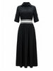 Women's Shirt Maxi Dress with Wide Striped Belt Roll-Up Sleeve High Slit Elegant Casual Formal Outfit