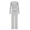 Autumn Winter Loose Pants Leisure Suit Women Flare Sleeve Crop Cardigan Top Lace-up Solid 2 Piece Set Outfit