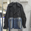 Contrasting Color Splicing Coat for Women Retro Suit Collar Double-breasted Denim Jackets