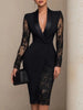 Sexy Deep V-neck Women Dress Black Sheer Lace Splicing Long Sleeve Dress Lapel Collar Slim Elegant Commuting Party Dresses