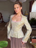 Jacquard Satin Women Jacket Square Neck Ruffle Trim Button Front Flare Long Sleeve Slim Top Chic Autumn Daily Wear